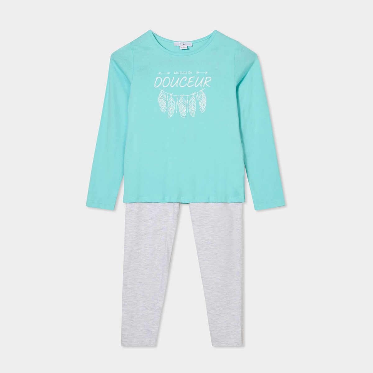 Ensemble pyjama pantalon 2 pièces coton bleu clair fille