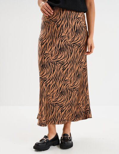 Jupe effet satin longue &eacute;vas&eacute;e camel femme