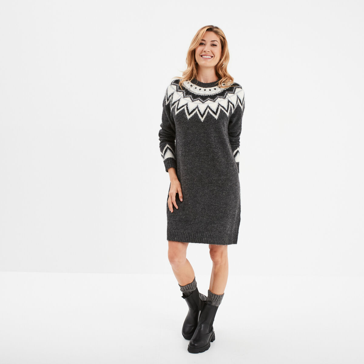 Robe pull courte col rond Liberto gris foncé femme