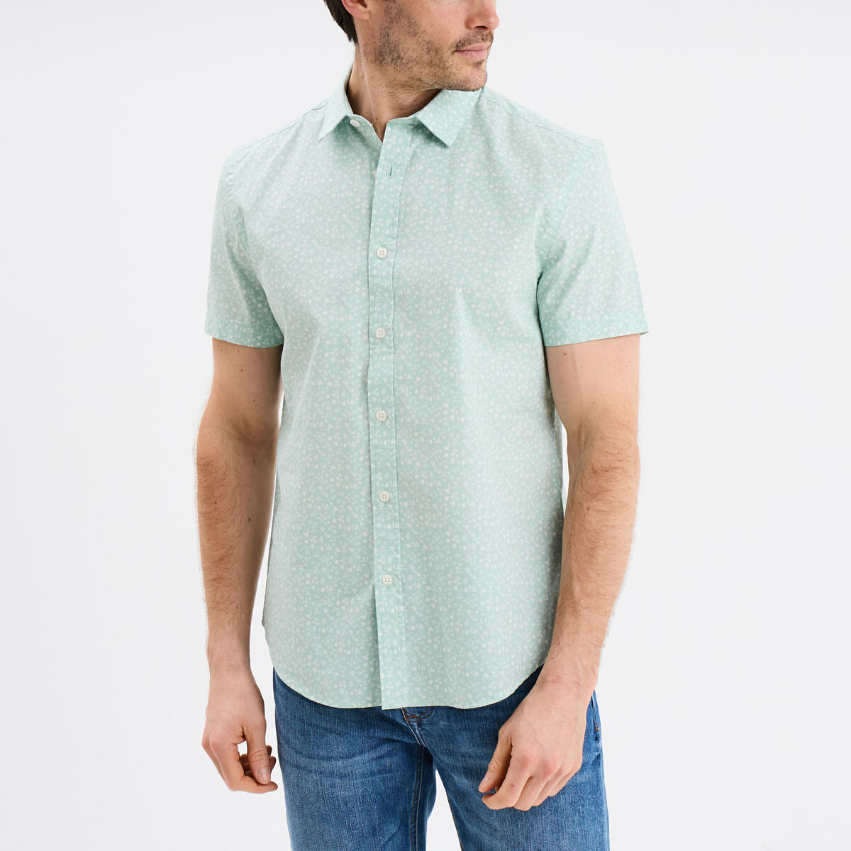 Chemise droite manches courtes coton vert pastel homme