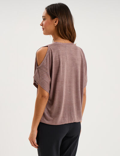 T-shirt fluide &eacute;paules d&eacute;nud&eacute;es col en V marron cognac femme