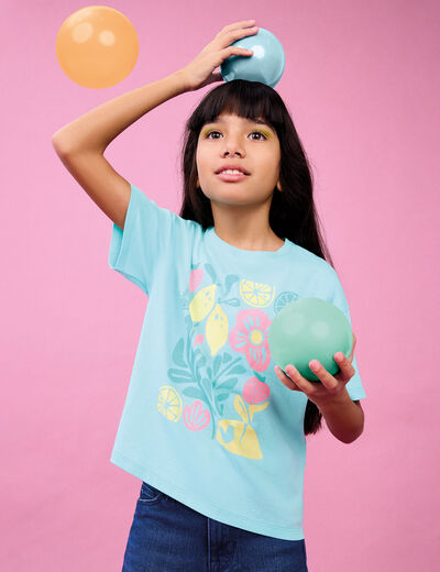 T-shirt col rond manches courtes coton bleu turquoise fille