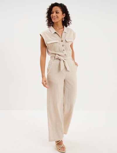 Combinaison pantalon lin m&eacute;lang&eacute; beige femme