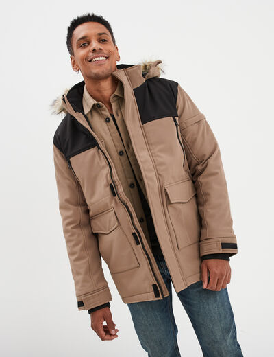Parka capuche fausse fourrure amovible taupe homme