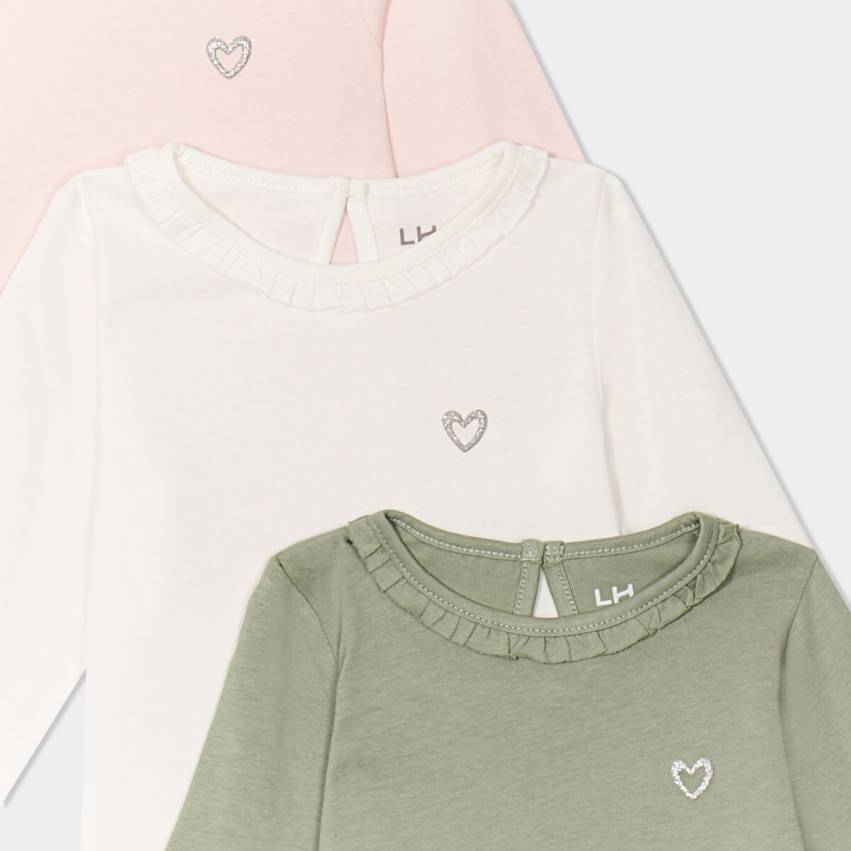 Lot 3 t-shirts col rond &agrave; volants coton rose clair b&eacute;b&eacute; fille
