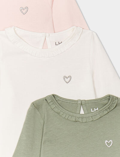 Lot 3 t-shirts col rond à volants coton rose clair bébé fille