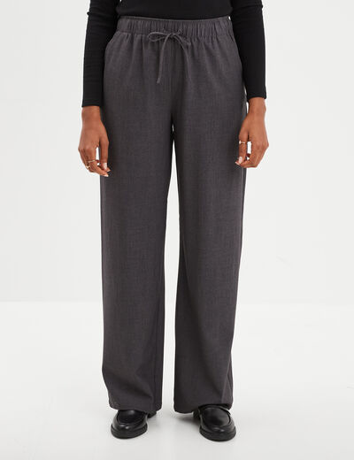 Pantalon crêpe large taille élastiquée gris foncé femme