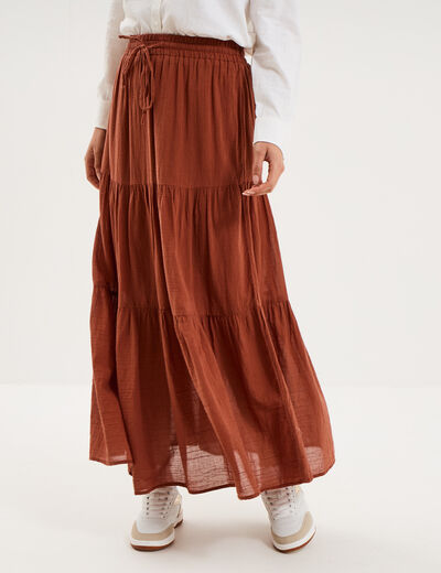 Jupe longue fluide &eacute;vas&eacute;e coton camel femme