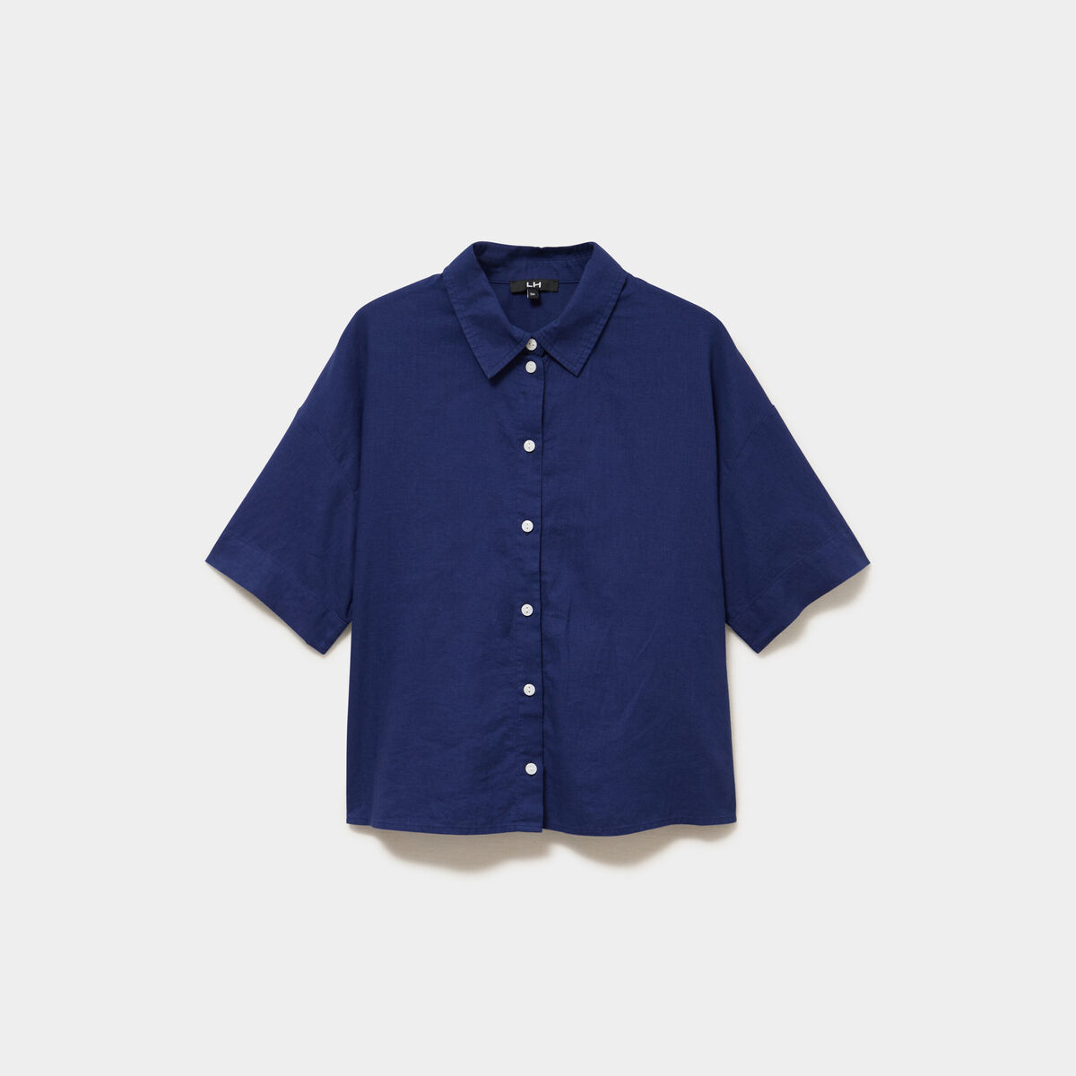 Chemise manches courtes lin m&eacute;lang&eacute; bleu fonc&eacute; femme