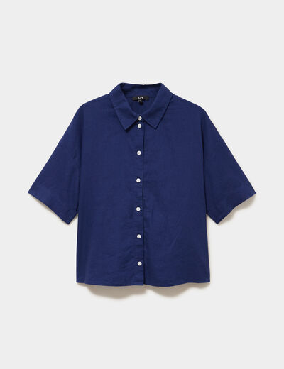 Chemise manches courtes lin m&eacute;lang&eacute; bleu fonc&eacute; femme