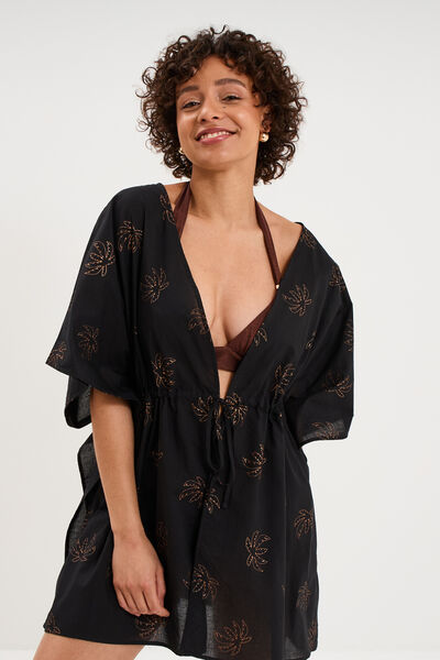 Robe de plage en coton col V noir femme