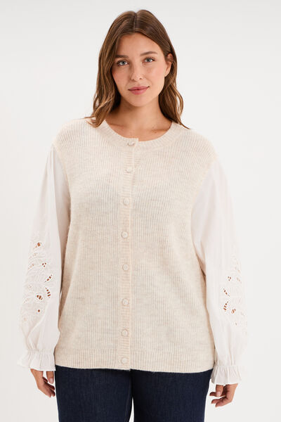 Gilet 2 en 1 manches broderie ajour&eacute;e beige femme grande taille