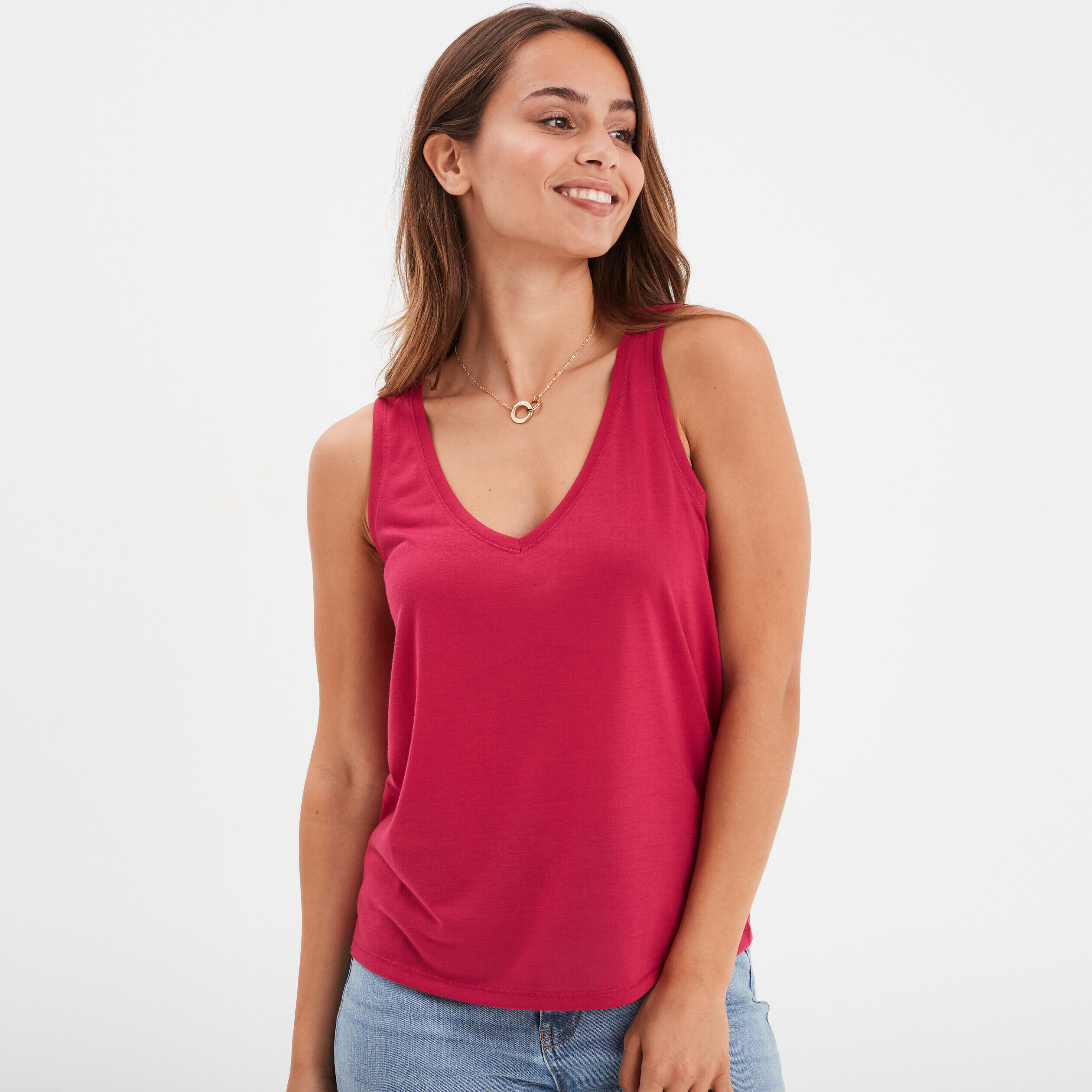 Débardeur col en V sans manches rose framboise femme LH