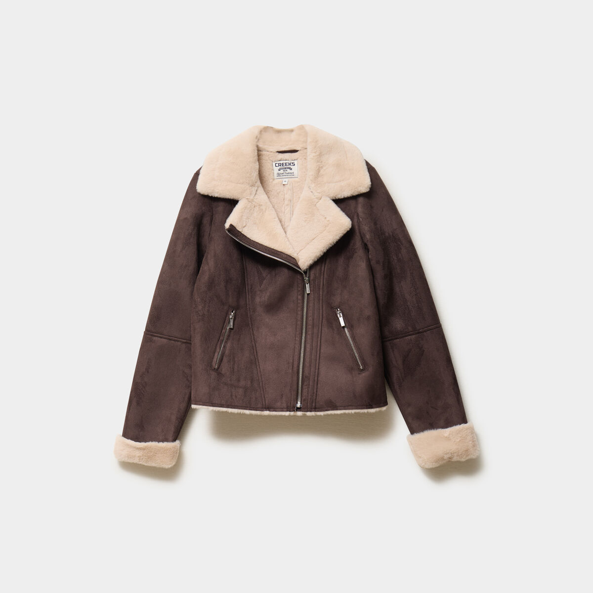 Veste col aviateur zipp&eacute;e doubl&eacute;e marron fonc&eacute; femme
