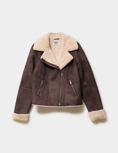 Veste col aviateur zipp&eacute;e doubl&eacute;e marron fonc&eacute; femme
