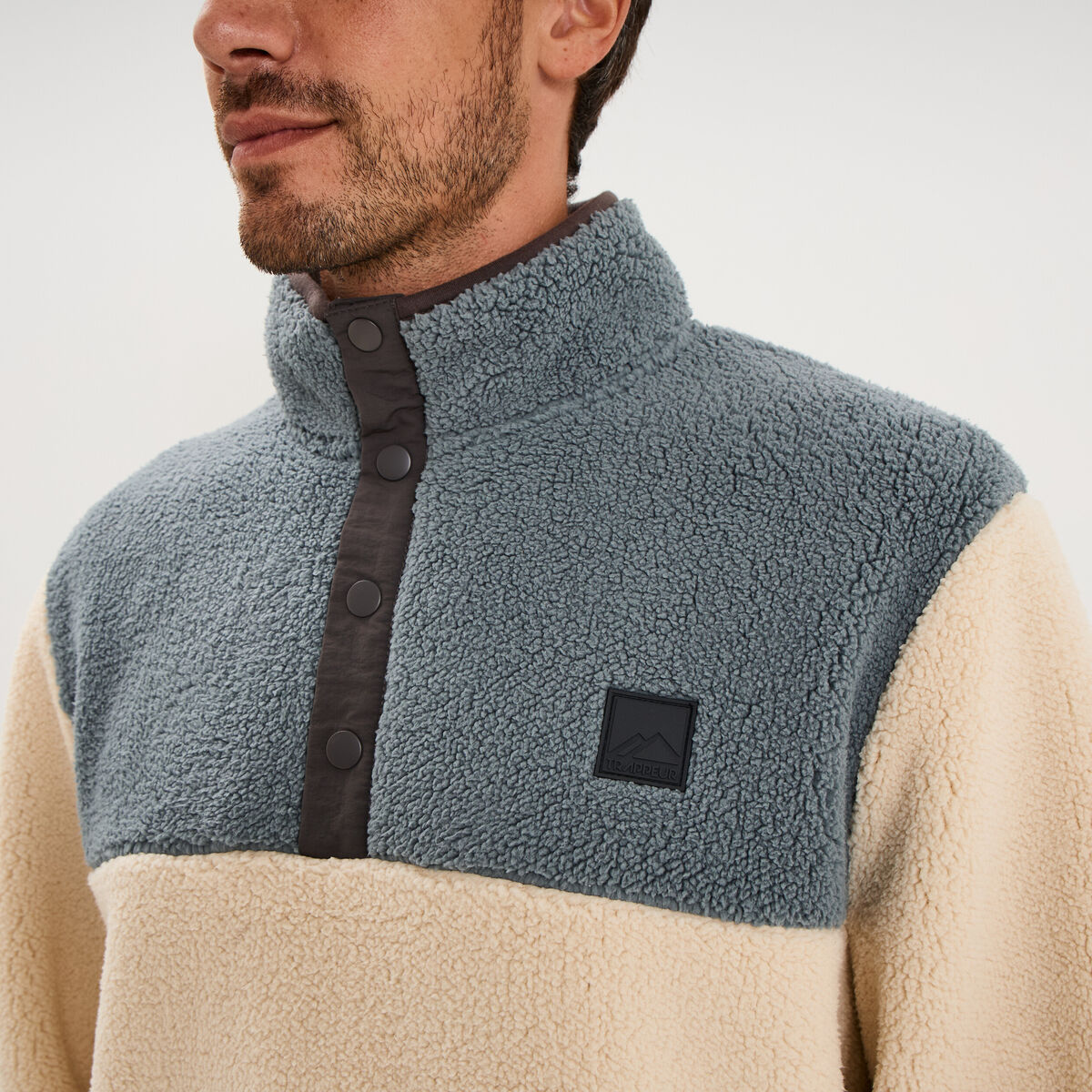 Sweat polaire col camionneur boutons ecru homme