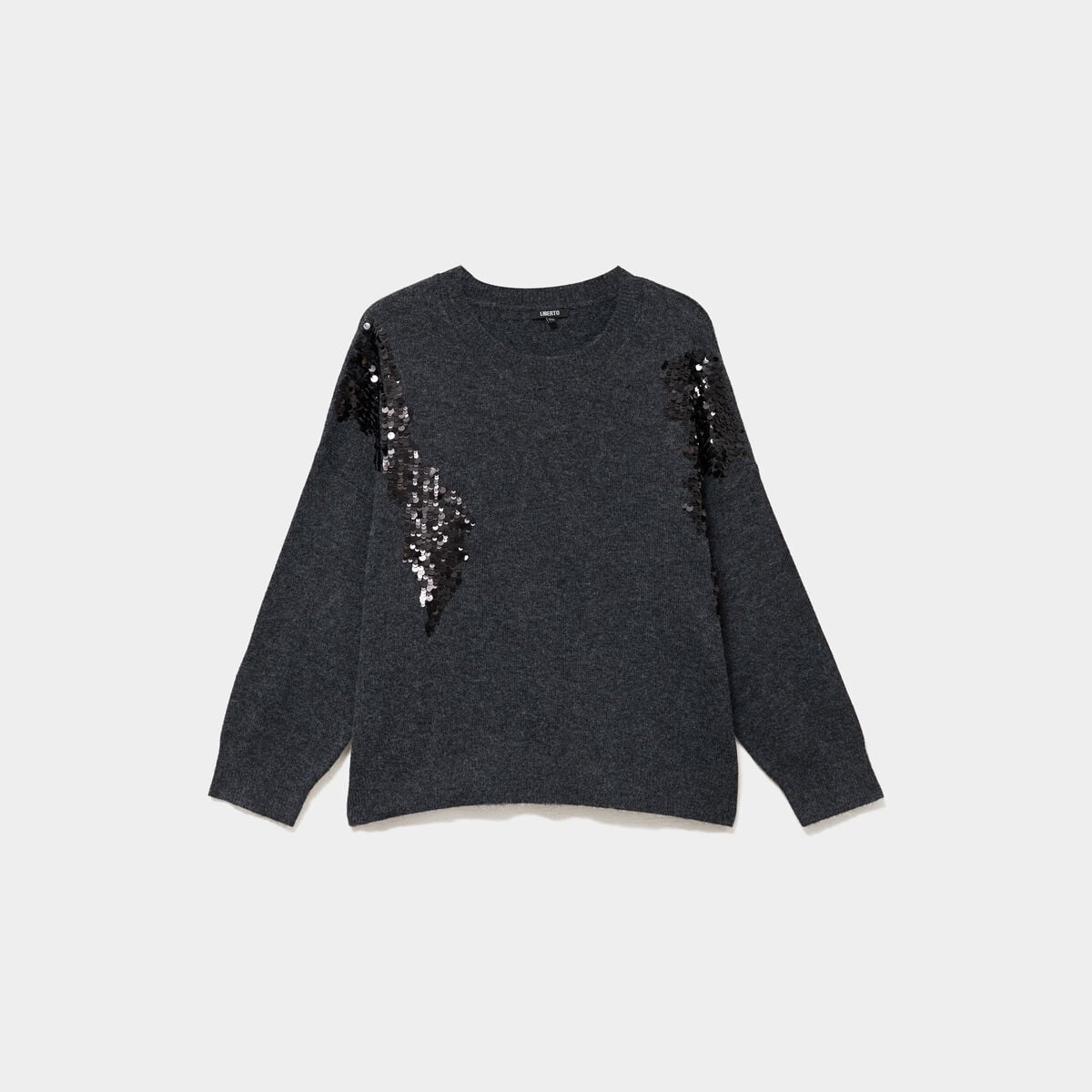 Pull &agrave; paillettes col rond gris fonc&eacute; femme grande taille