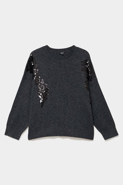 Pull &agrave; paillettes col rond gris fonc&eacute; femme grande taille