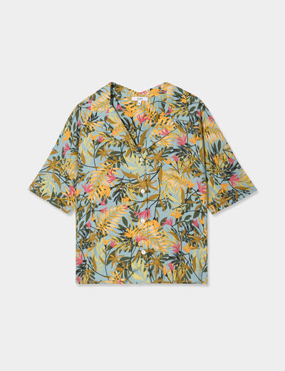 Chemise col cubain manches courtes vert émeraude femme