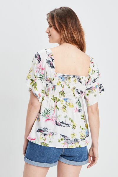 Blouse smockée manches courtes ecru femme