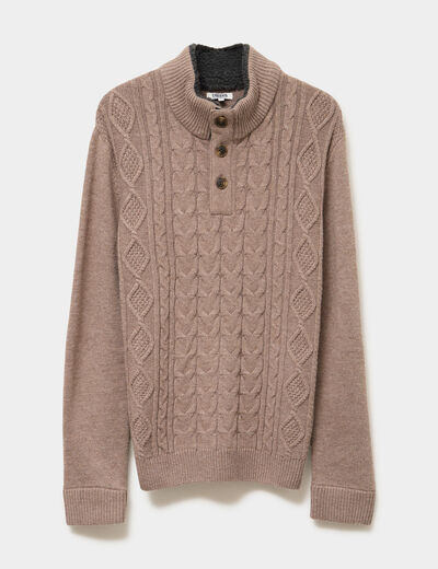 Pull col montant boutonn&eacute; et torsades taupe homme