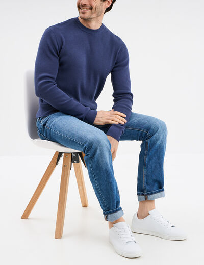 Pull avec col rond à relief bleu foncé homme