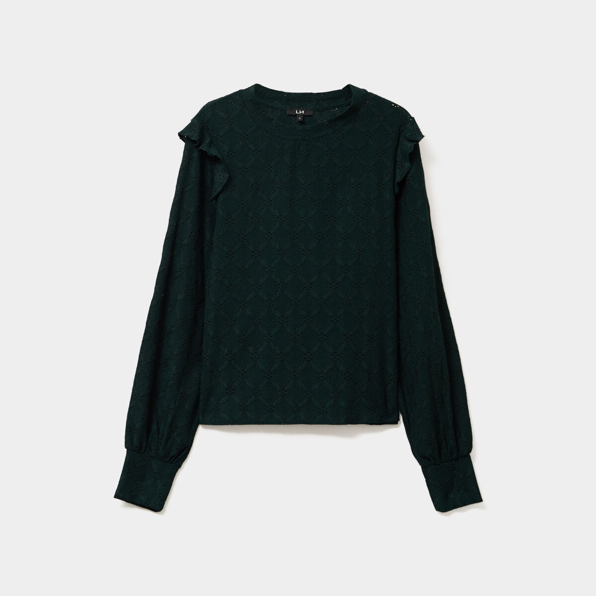 Blouse détails ajourés et volants vert foncé femme
