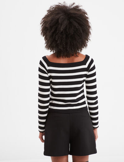 Pull côtelé col carré tricotage en côte noir femme