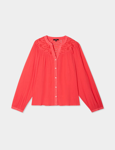 Blouse col tunisien broderie anglaise rouge femme