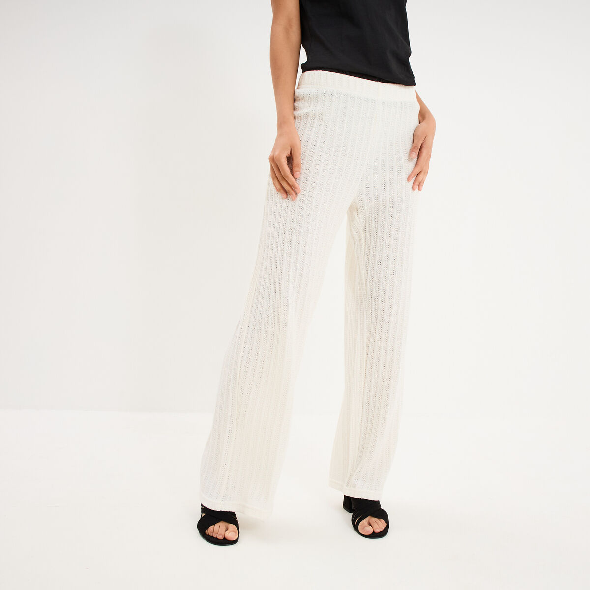 Pantalon large effet crochet &eacute;lastiqu&eacute; ecru femme