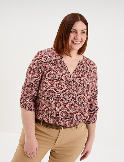 Blouse col tunisien manches 3/4 fluide marron chocolat femme grande taille