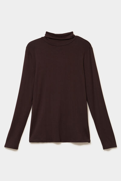 T-shirt manches longues col roul&eacute; marron fonc&eacute; femme