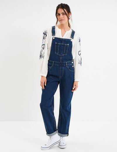 Salopette en jean mom boutonnée bleu foncé femme