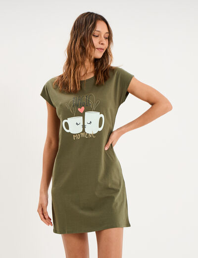 Chemise de nuit manches courtes coton vert kaki femme