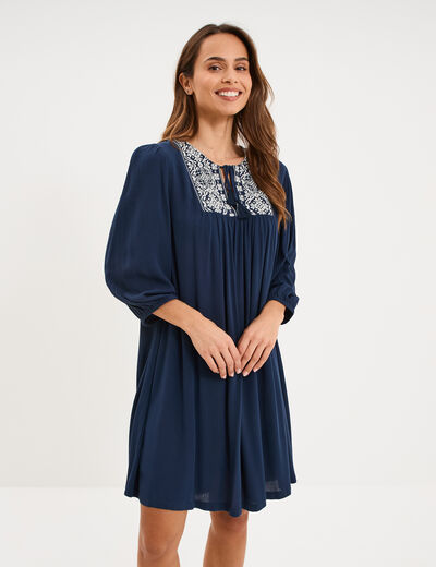 Robe fluide brod&eacute;e manches 3/4 bleu marine femme