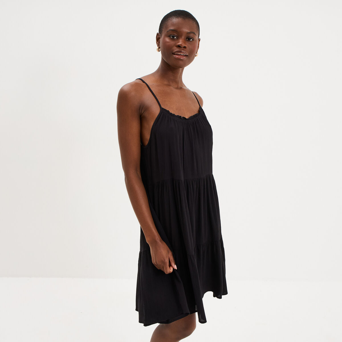Robe fluide &agrave; volants fines bretelles noir femme