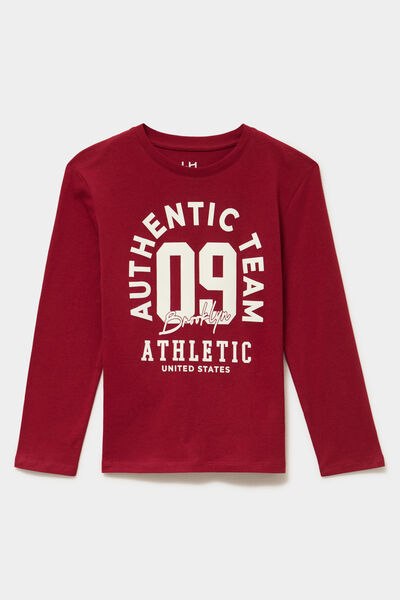 T-shirt manches longues coton rouge fonc&eacute; gar&ccedil;on