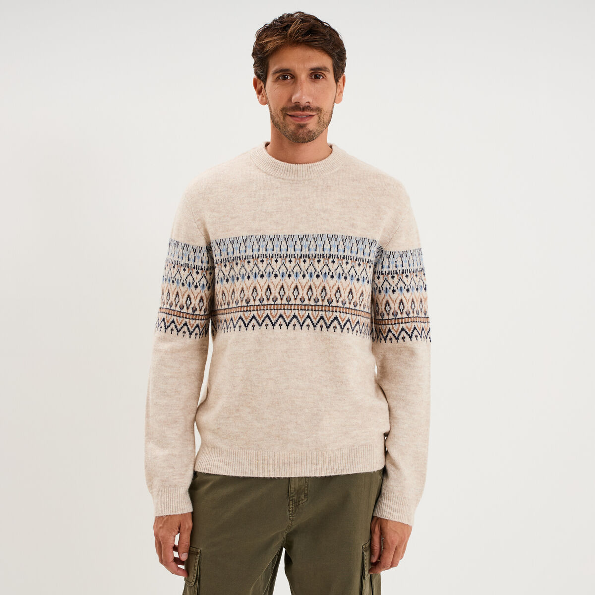 Pull jacquard col rond manches longues ecru homme