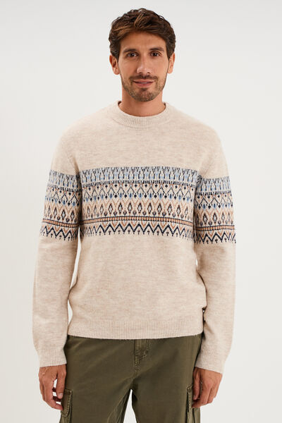 Pull jacquard col rond manches longues ecru homme