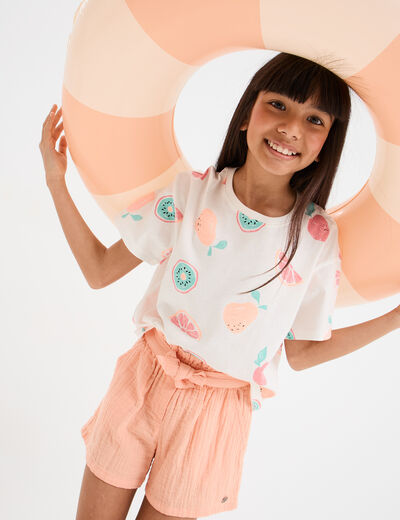 T-shirt col rond manches courtes coton ecru fille