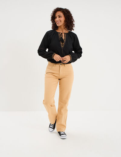Pantalon droit coton beige femme