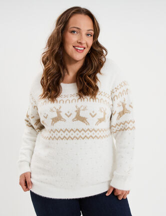 Pull de No&euml;l manches longues ivoire femme grande taille