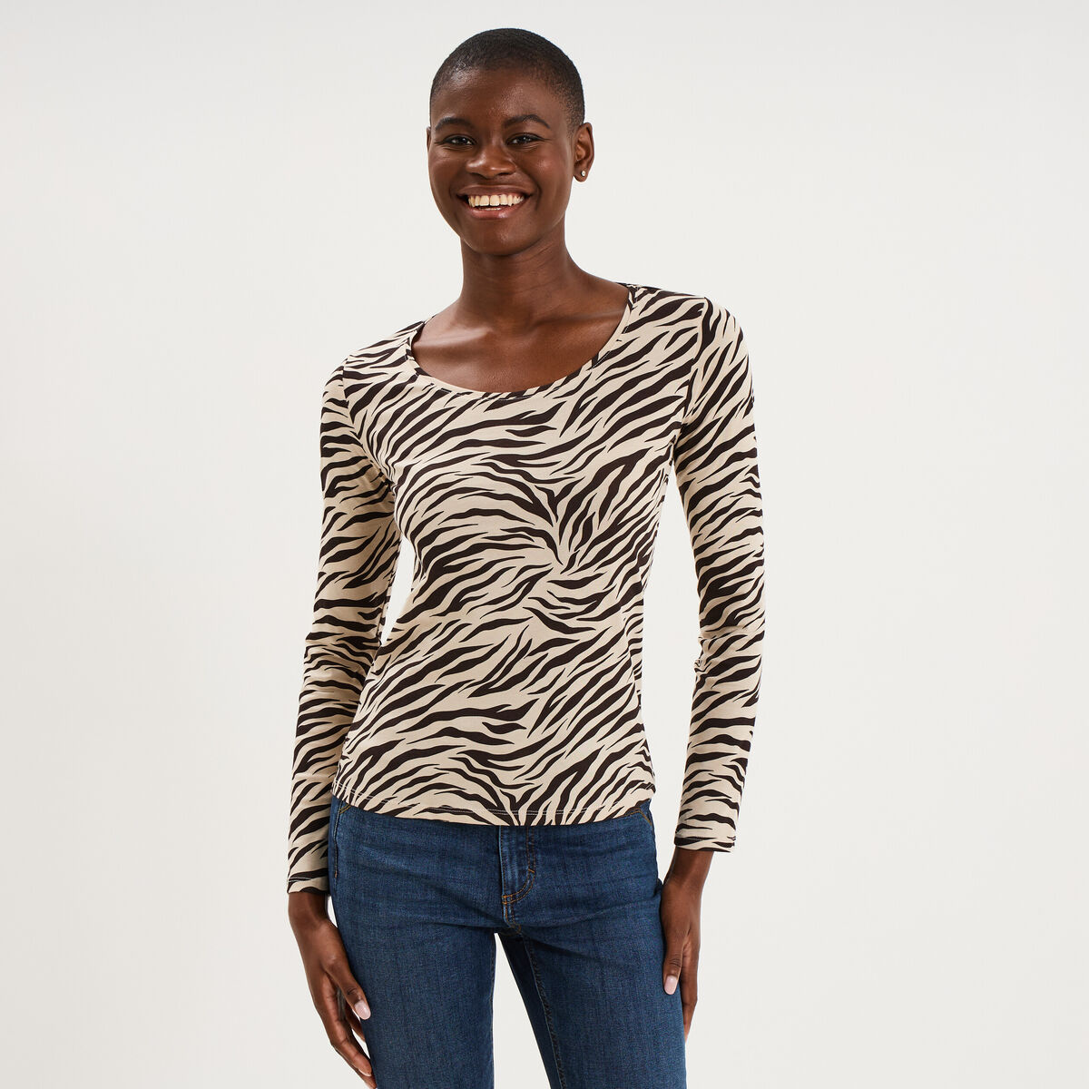 T-shirt col rond manches longues coton beige clair femme