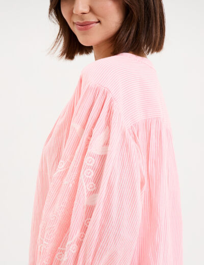 Blouse oversize manches brod&eacute;es rose fluo femme