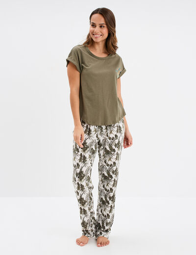 Ensemble pyjama col rond 2 pièces fluide ecru femme