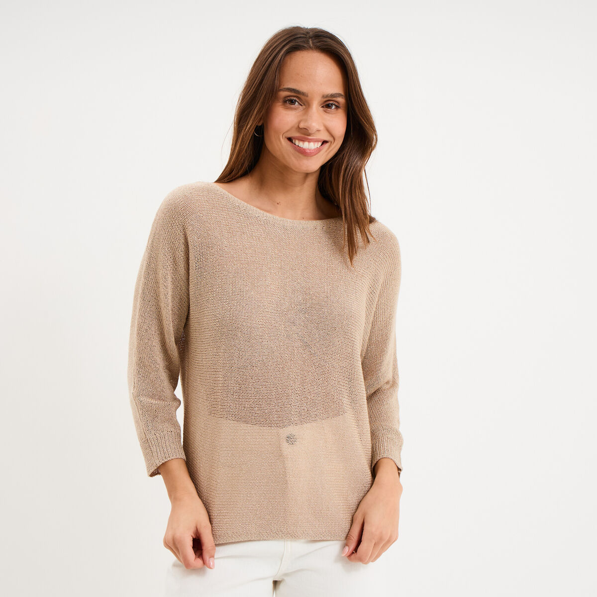 Pull droit col rond manches longues sable femme