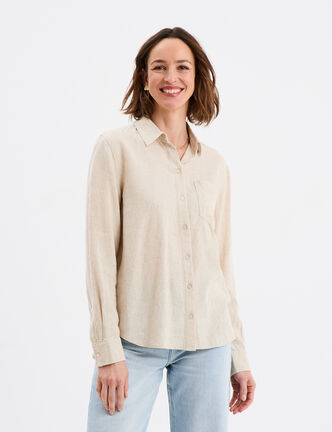 Chemise lin mélangé manches longues beige femme
