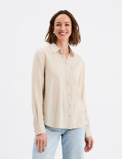 Chemise lin mélangé manches longues beige femme