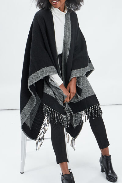 Poncho à franges noir femme