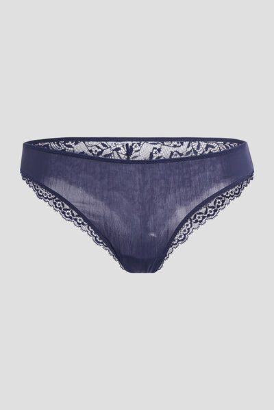 Tanga avec micro dentelle bleu marine femme